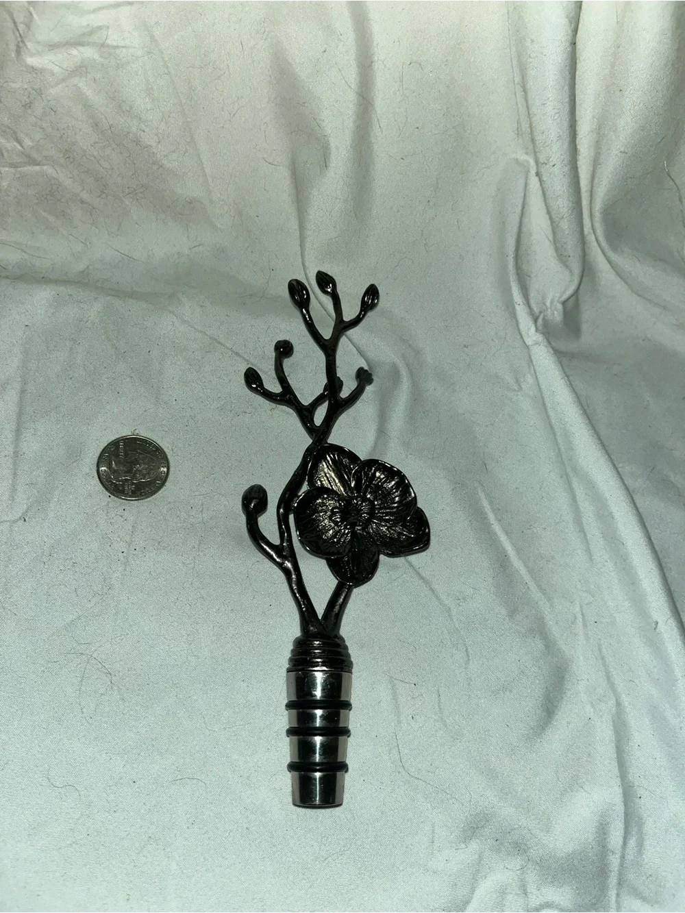 Wrought Metal Botanical Branch Wine Stopper with Leaf Accent